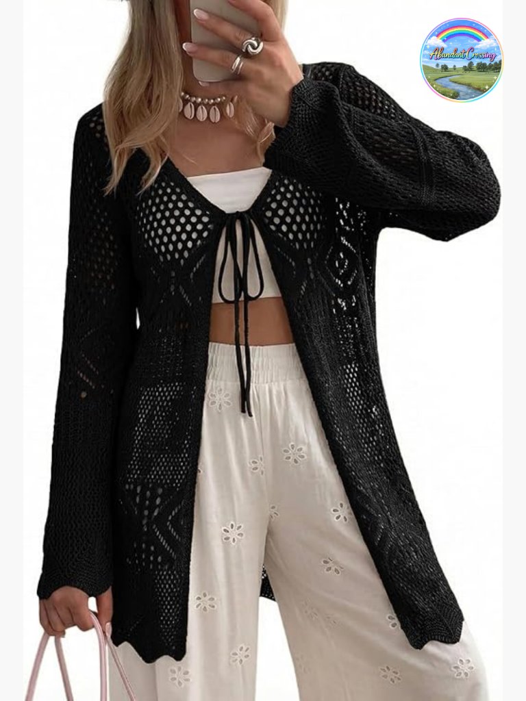 Crochet Cardigans For Women Long Sleeve Tie Front Cardigan Sweaters Hollow Out